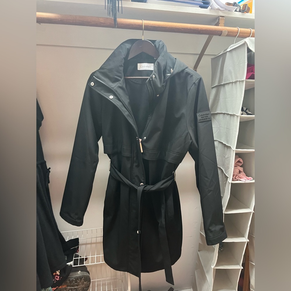 Calvin Klein Black Hooded Belted Raincoat Size L